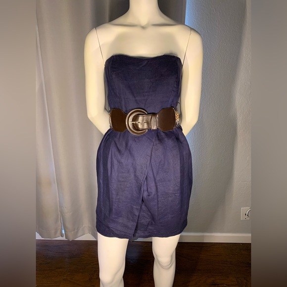 Navy linen dress with brown and beige belt - Picture 1 of 3